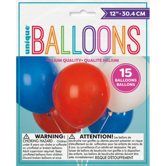 Coronation Red, White & Blue Assorted 12" Latex Balloons 15 pack